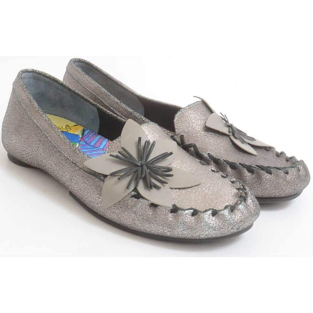 Indigo by Clarks Women's 10M Gray Leather Floral Slip-on Loafer Flats Driving‎